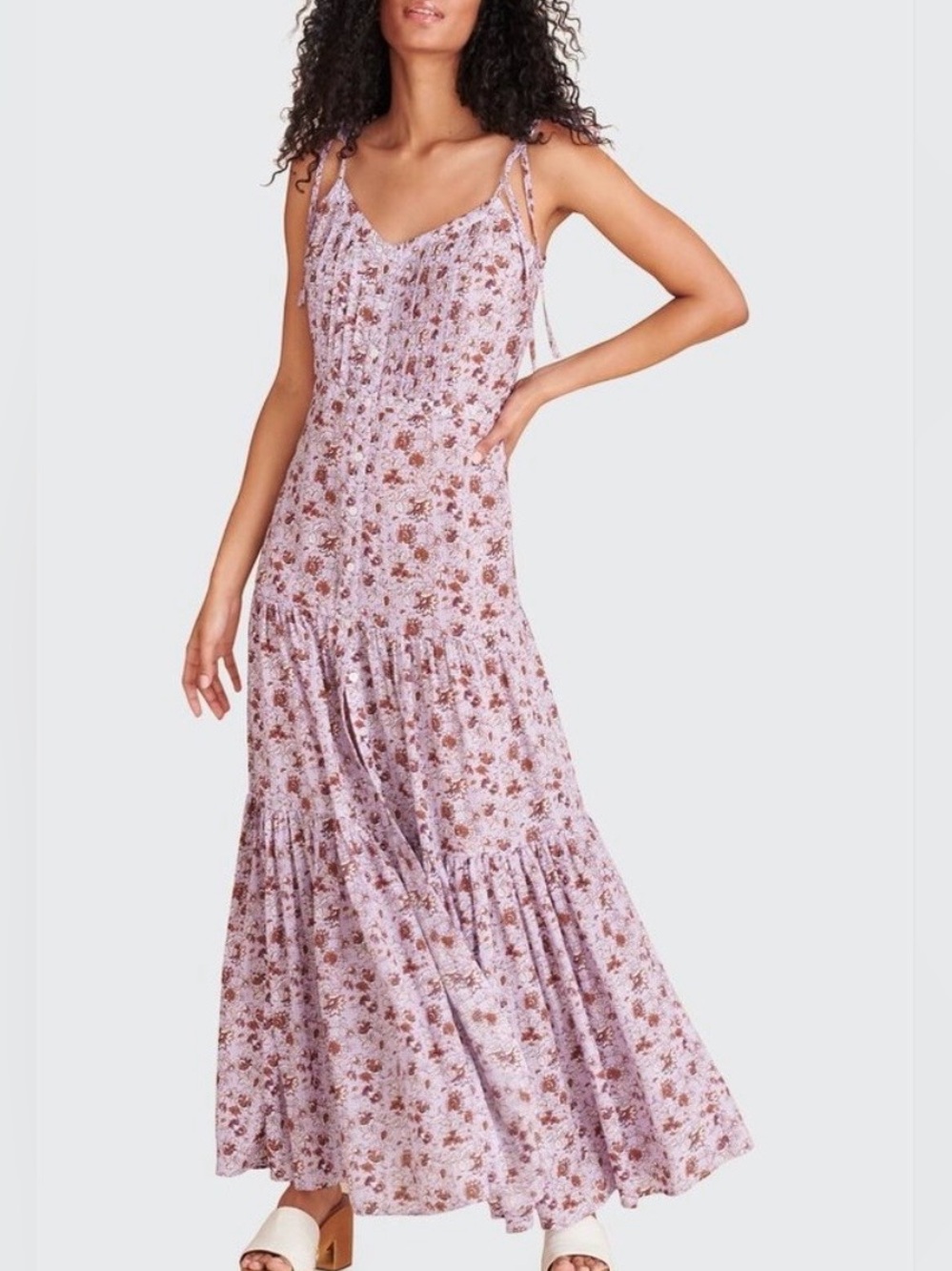 Veronica Beard Windansea Tiered Maxi Dress Medium Lavender Floral Boho Tie Strap